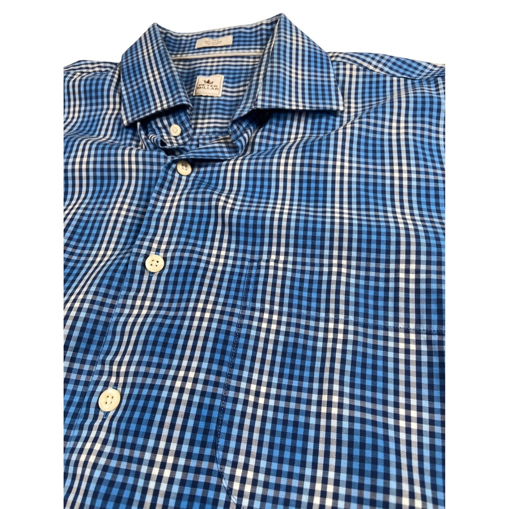 Peter Millar‎ Shirt Mens Large Blue White Check Plaid Gingham Long Sleeve Preppy